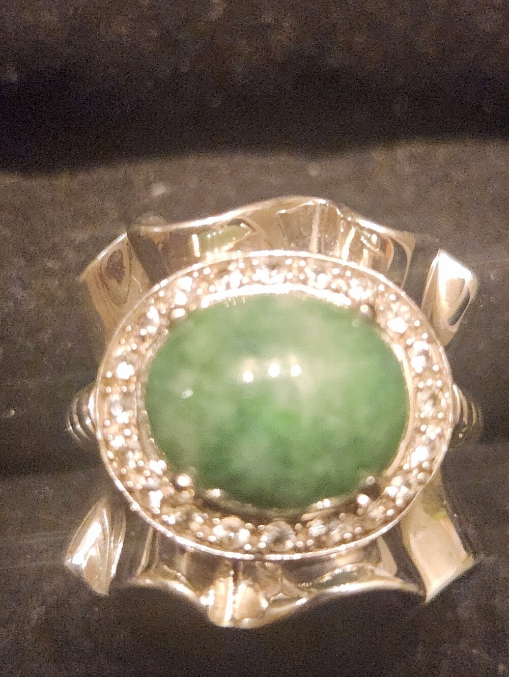 Green Jade Oval Halo Ring in Silver